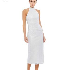 NWT Mac Duggal White Hand Embellished Halter Neck Midi Sheath Dress beaded Sz 8